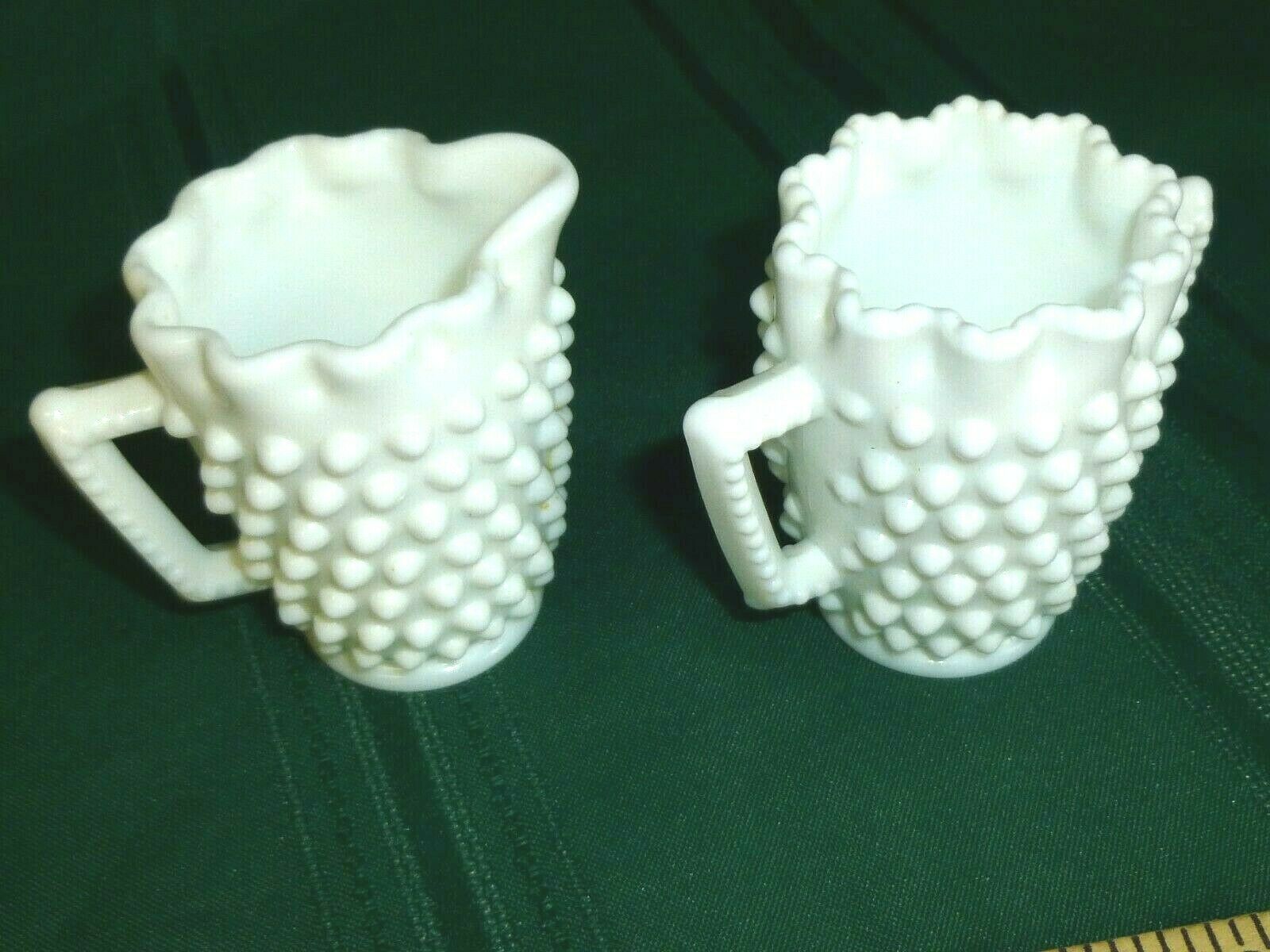 Vintage White Milk Glass Hobnail Cream And Sugar Bowl Set Mini Crimped Top