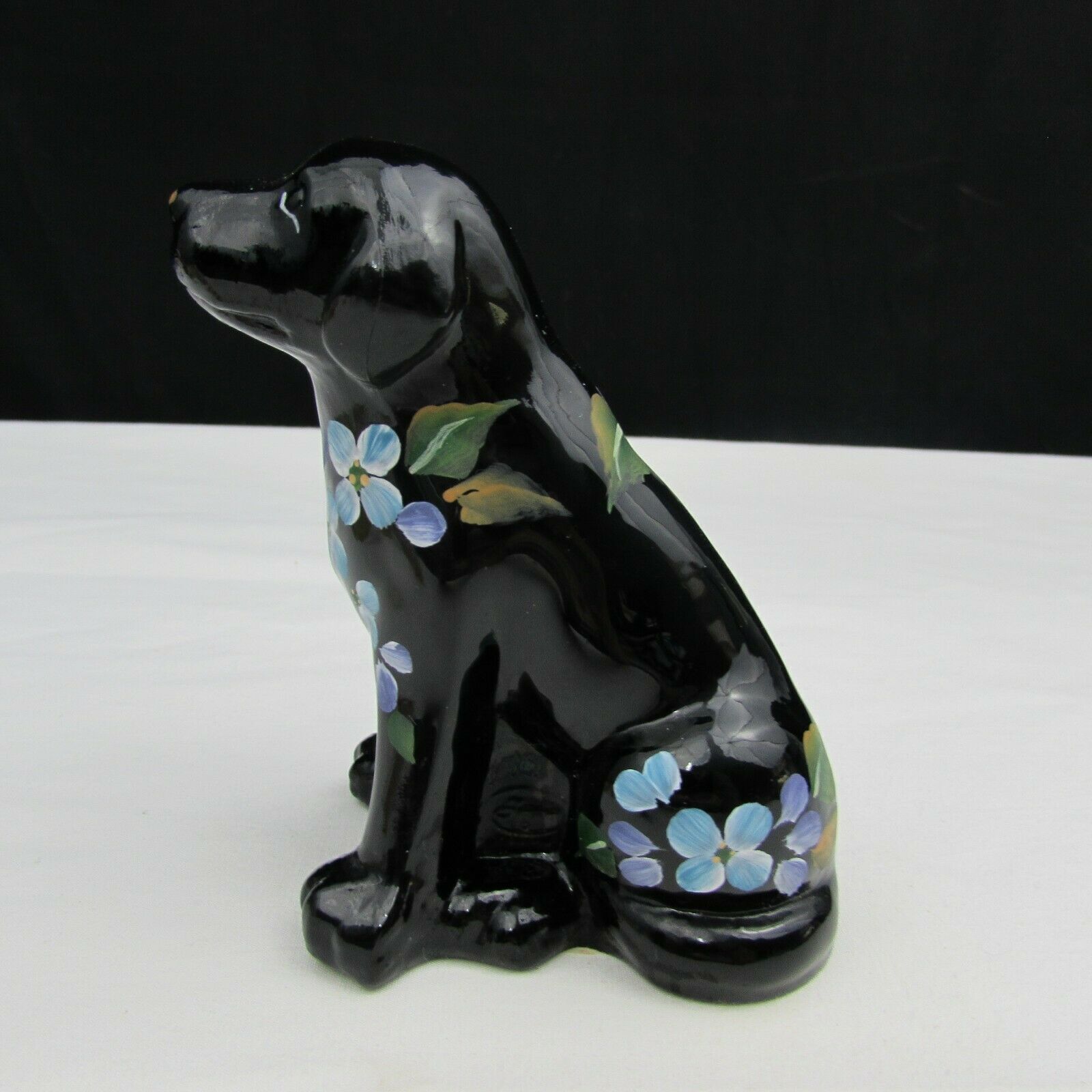 Fenton Black Blue Hydrangeas Hand Painted Labrador Dog C1428