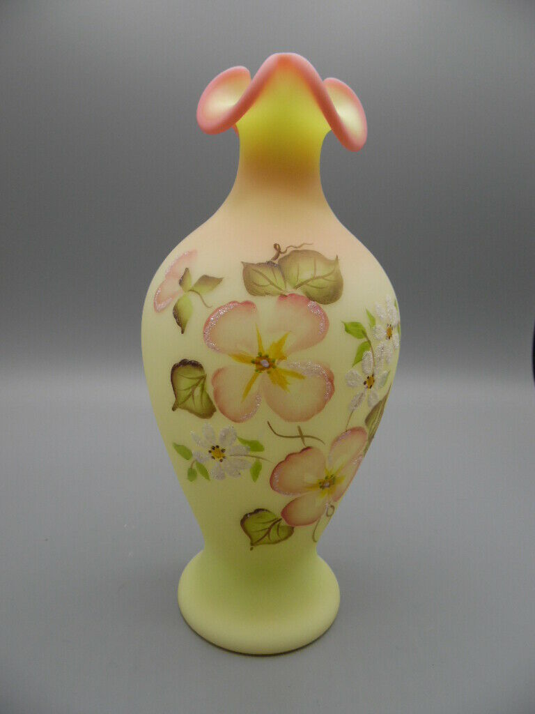 Vintage Fenton Glass Vase 2758 Hand Pntd Dogwood On Burmese Frit Marilyn Wagner