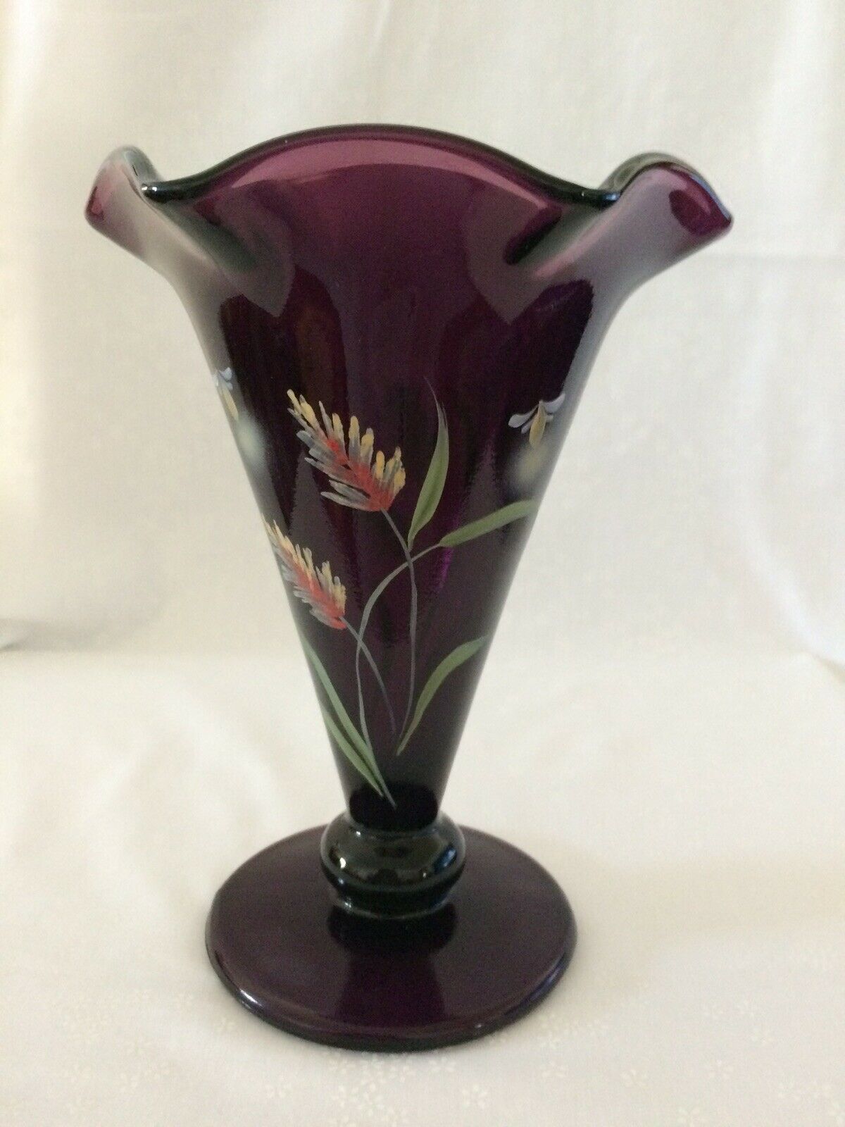 Fenton Art Glass Limited Edition Aubergine Trumpet Vase #c27069  Le Of 350